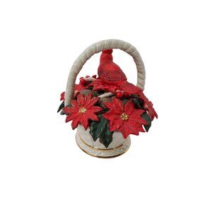 Vintage Ceramic / Porcelain Red Cardinal, Pine Cone, and Pointsettia Basket Musi